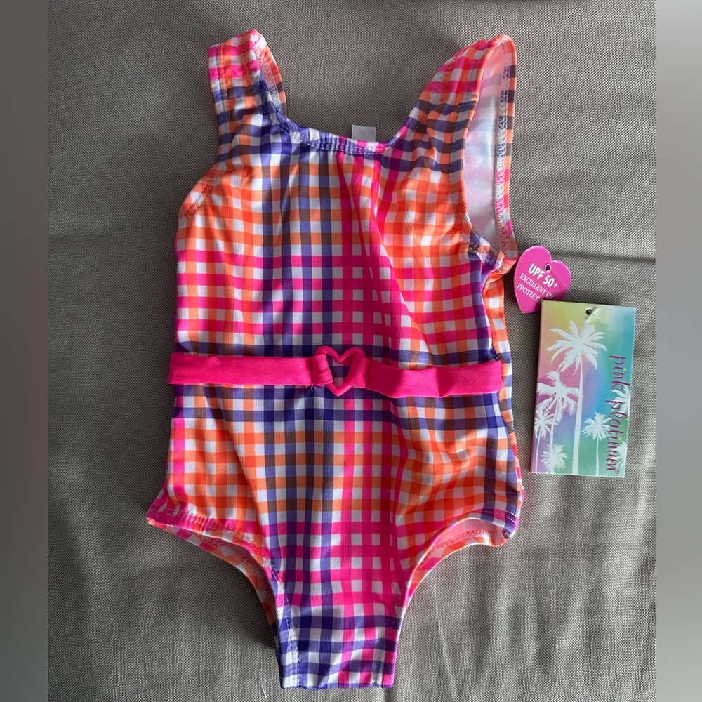 Pink Plaid Swimsuit - Platinum Girls Belted One-Piece
